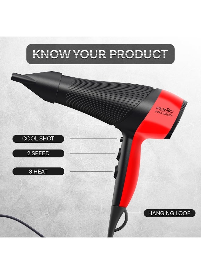 أي كونيك مجفف شعر Ikonic Pro 2200+، بقدرة 2200 واط مع محرك AC قوي، تقنية الأيونات، سرعتان و3 إعدادات للحرارة، زر هواء بارد (Cool Shot)، ضوضاء منخفضة، مع موزّع هواء وفوهة، مناسب للنساء والرجال، أحمر وأسود، مناسب لجميع أنواع الشعر. - Image 4